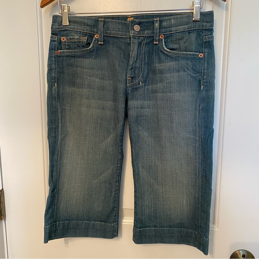 7 FOR ALL MANKIND SHORTS DENIM BLUE JEAN BERMUDA DISTRESSED FADE USA SIZE 27